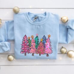 Pink Tree Christmas Sweatshirt Sweater Woman, Christmas Tree Sweatshirt Crewneck For Girls, Merry Christmas Sweater, Holiday Winter Sweaters